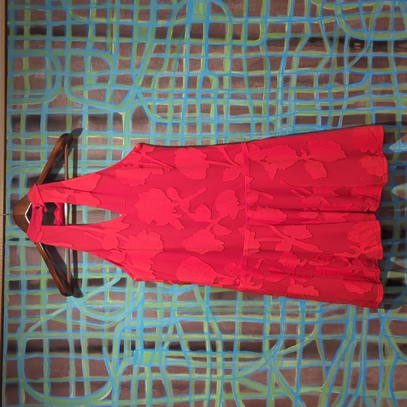 Waverly Grey drop waist halter dress-red sheer embroidered overlay flare skirt S - Picture 3 of 12